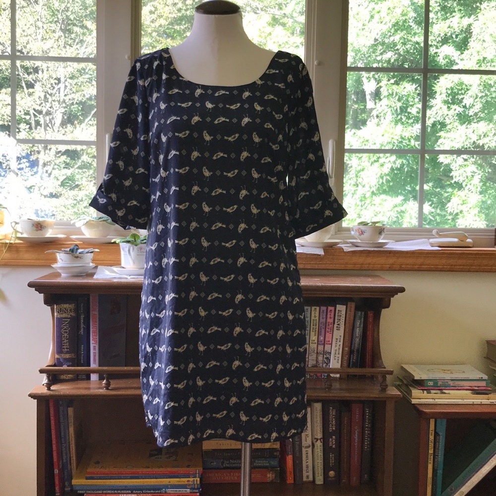 LILY ROSE 🦢 Bird Print Dress, Navy 3/4 Sleeve